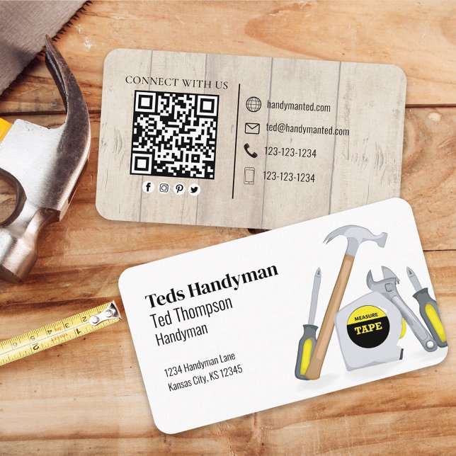 Connect With Me | QR Code Simple Wood Tools  Business Card (Creator Uploaded)