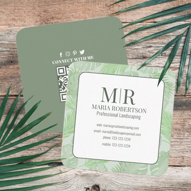 Connect with Me | QR Code Social Media Palm Leaves Square Business Card (Creator Uploaded)