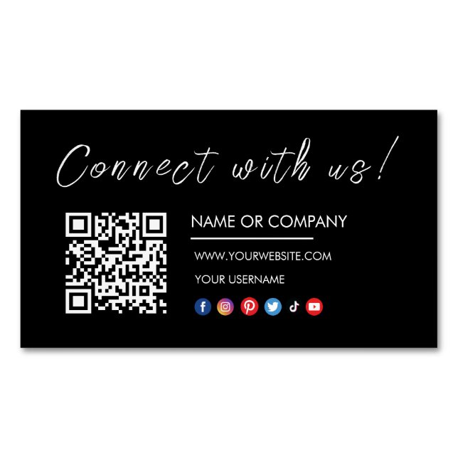 Connect with us Logo Qr Code Social Media Black Magnetic Business Card (Front)