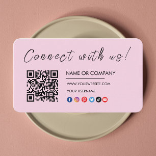 Connect with us Logo Qr Code Social Media Pink Business Card