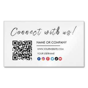 Connect with us Logo Qr Code Social Media White Magnetic Business Card