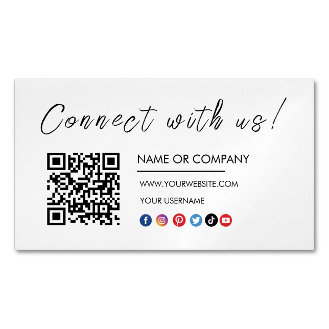 Connect with us Logo Qr Code Social Media White Magnetic Business Card (Front)