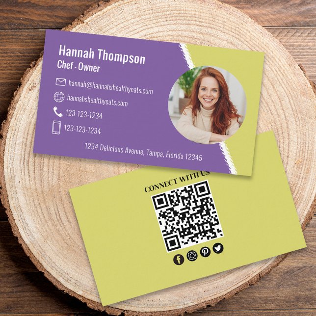Connect With Us | Modern Photo QR Code Purple Lime Business Card (Creator Uploaded)