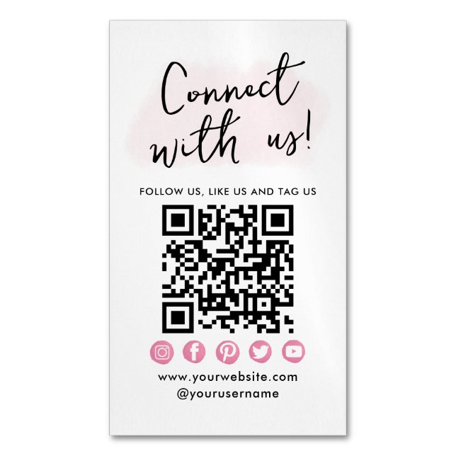 Connect With Us Pink Social Media QR Code Modern Magnetic Business Card (Front Vertical)