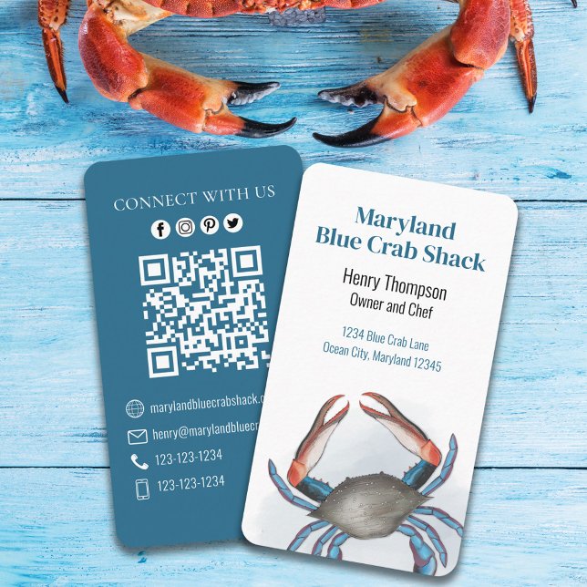 Connect With Us | QR Code Blue Crab Coastal Sea Business Card (Creator Uploaded)