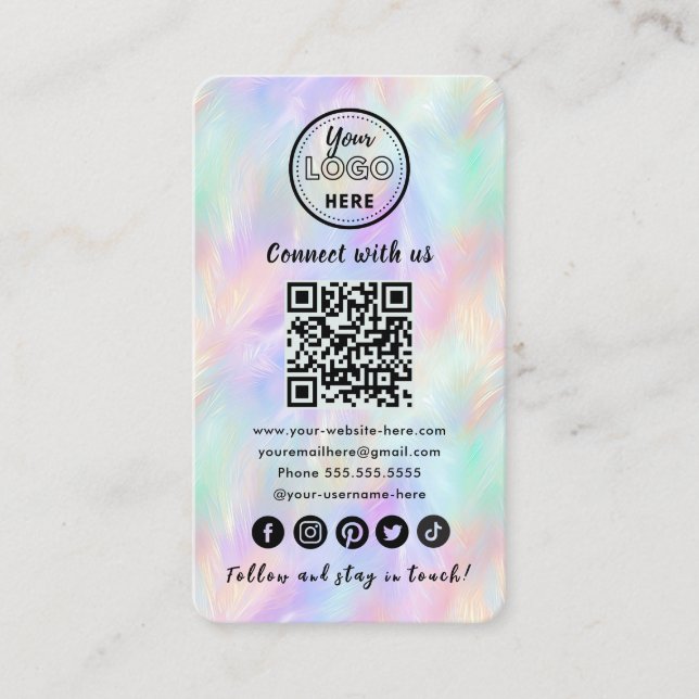 Connect With Us QR Code Iridescent Opal Stylish Business Card (Front)