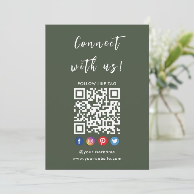Connect With Us Qr Code Social Media Dark Green Invitation (Standing Front)