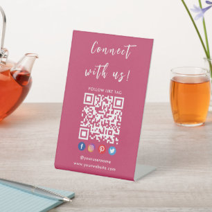 Connect With Us Qr Code Social Media Hot Pink Pedestal Sign
