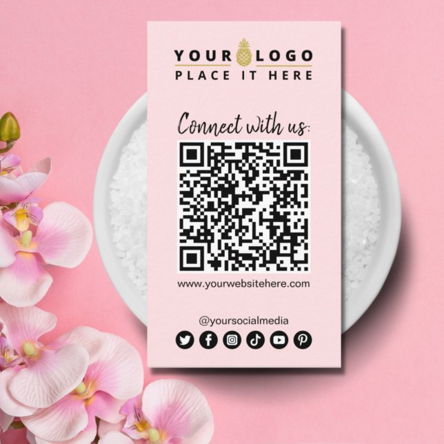 Connect With Us QR Code Social Media Modern Pink Business Card (Creator Uploaded)