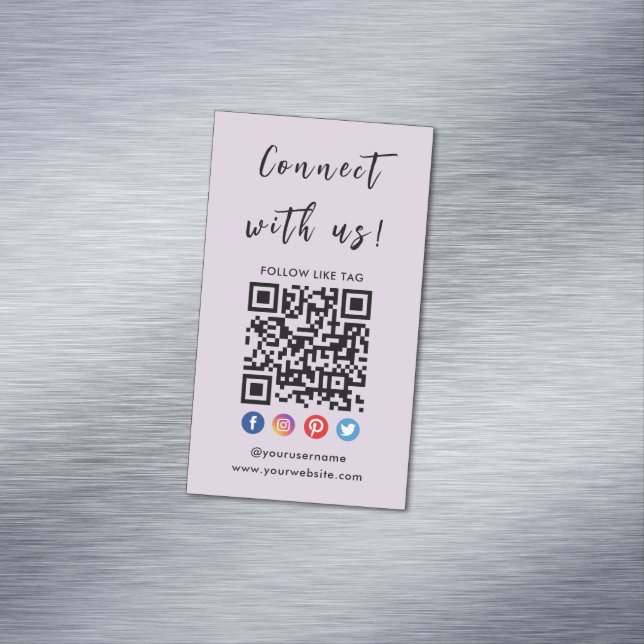 Connect With Us Qr Code Social Media Modern Purple Magnetic Business Card (In Situ)