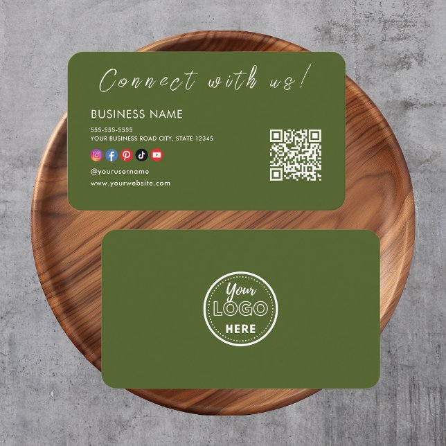 Connect with us Qr Code Social Media Moss Green Business Card (Creator Uploaded)