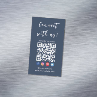 Connect With Us Qr Code Social Media Navy Blue Magnetic Business Card