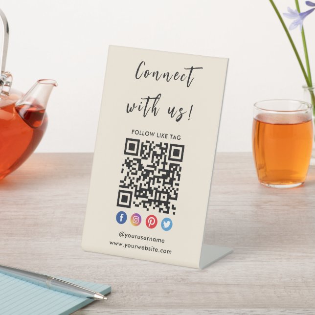 Connect With Us Qr Code Social Media Trendy Boho Pedestal Sign (In SItu)