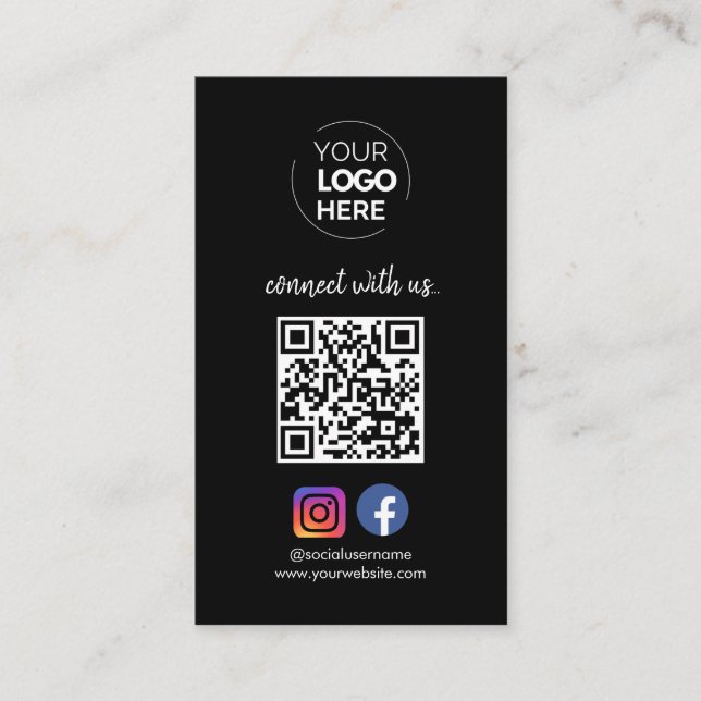 Connect with us | Social Media QR Code Black Business Card (Front)