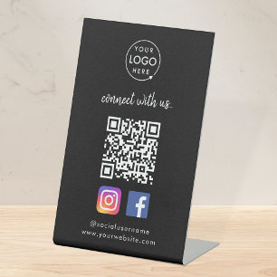 Connect with us   Social Media QR Code Black Pedestal Sign