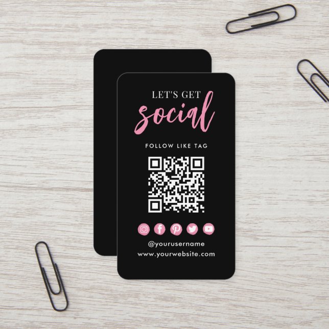 Connect With Us Social Media QR Code Black Pink Business Card (Front/Back In Situ)