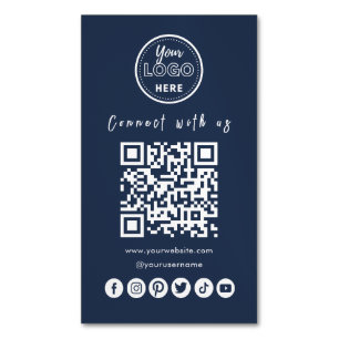 Connect With Us Social Media QR Code Navy Blue Magnetic Business Card