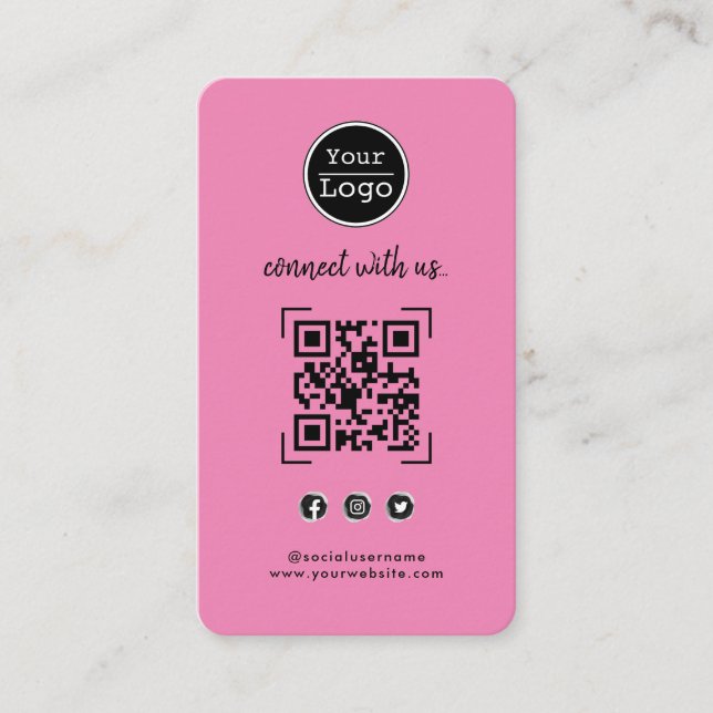 Connect with us | Social Media QR Code Pink Business Card (Front)