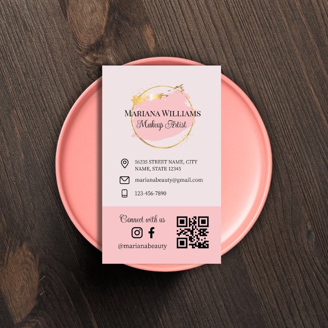 connect with us, social media, qr code pink makeup business card (Creator Uploaded)