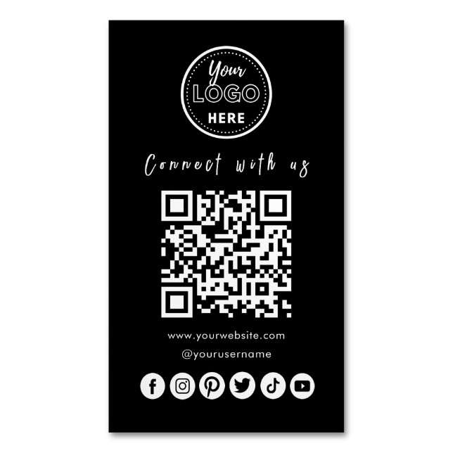 Connect With Us Social Media QR Code Trendy Black Magnetic Business Card (Front Vertical)