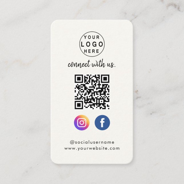 Connect with us | Social Media QR Code White Cream Business Card (Front)