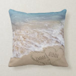 connected hearts in beach sand with ocean surf cushion<br><div class="desc">Linking beach hearts in sand with ocean background
Names can be customised.</div>