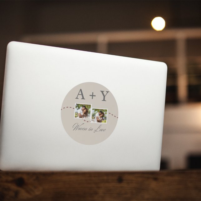 Connected Initials & Storyline Classic Round Sticker (“Round sticker with two photos, dotted line connection, serif initials, and script quote below.”)