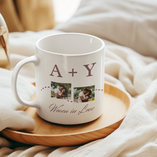 Connected Initials & Storyline Coffee Mug (“Coffee mug with two-photo layout, dotted line link, taupe initials above, and soft script below.”)
