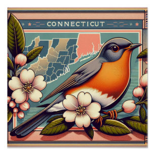 Connecticut American Robin and State Flower Design Poster