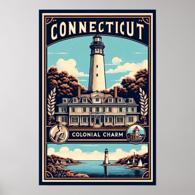 Connecticut Colonial Charm Lighthouse Vintage  Poster (Front)