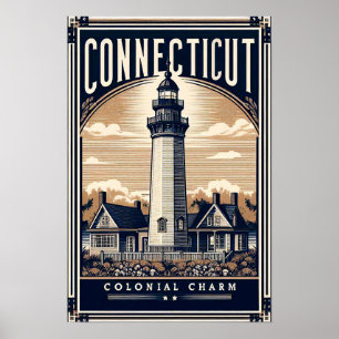 Connecticut Colonial Charm Lighthouse Vintage  Poster