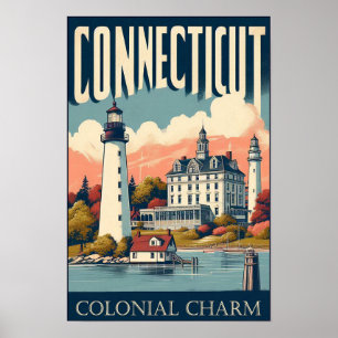 Connecticut Colonial Charm Lighthouse Vintage Poster