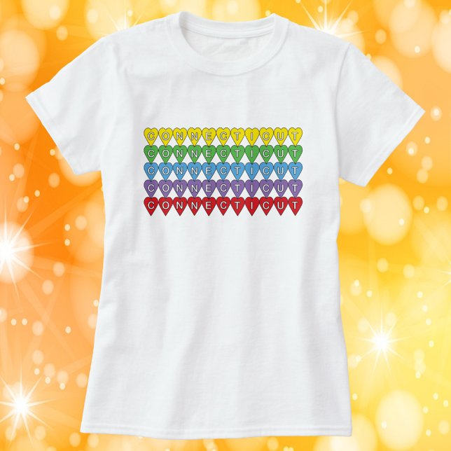 Connecticut Colourful Hearts T-Shirt (A tshirt with a colorful pattern of hearts that say Connecticut)