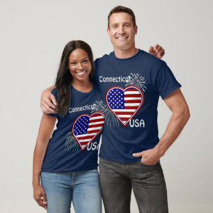 Connecticut July 4th Fireworks Heart Flag Navy T-Shirt