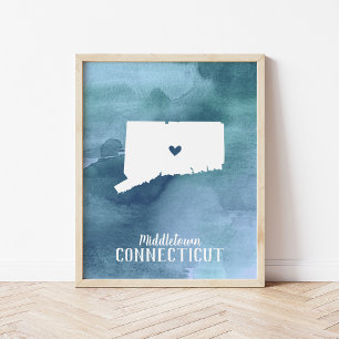 Connecticut Map Blue Watercolor Personalised Art Poster