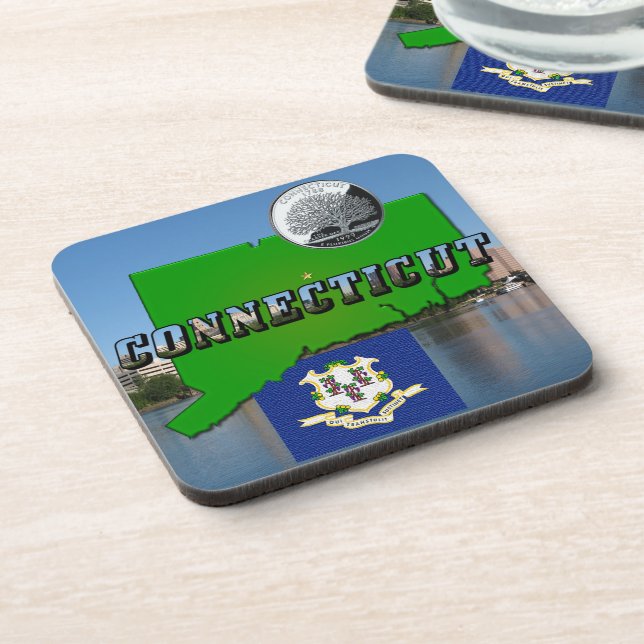 Connecticut' Map, Text, Faux Quarter, Flag Scenery Coaster (Left Side)