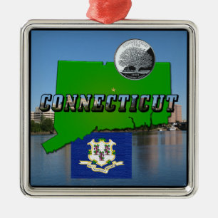 Connecticut' Map, Text, Faux Quarter, Flag Scenery Metal Tree Decoration
