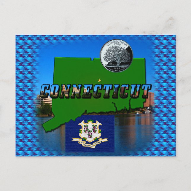 Connecticut' Map, Text, Faux Quarter, Flag Scenery Postcard (Front)