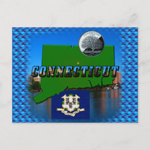 Connecticut' Map, Text, Quarter, Flag and Scenery Postcard
