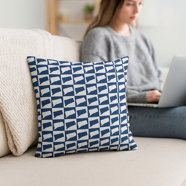 Connecticut Outline Pattern Blue and White Cushion (A throw pillow with a blue and white checkerboard pattern featuring the US state of Connecticut.)