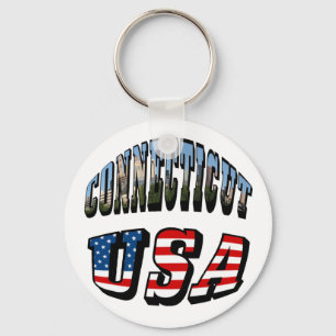 Connecticut Picture and USA Flag Text Key Ring