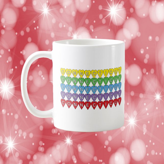 Connecticut Rainbow Heart Pattern Coffee Mug (A mug that says Connecticut with yellow, green, blue, purple and red hearts)