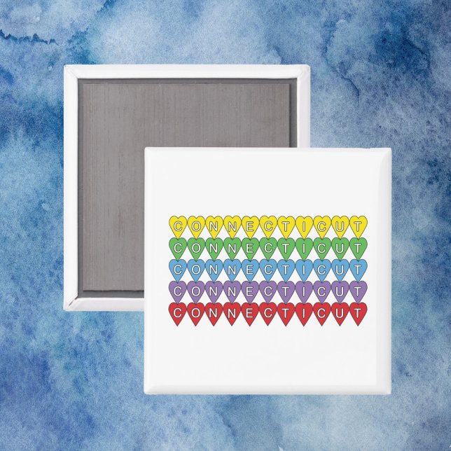 Connecticut Rainbow Hearts Pattern Magnet (A fun magnet with a pattern of hearts that say Connecticut)