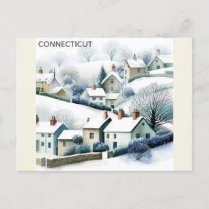 Connecticut Snowy Winter Village Illustration Postcard