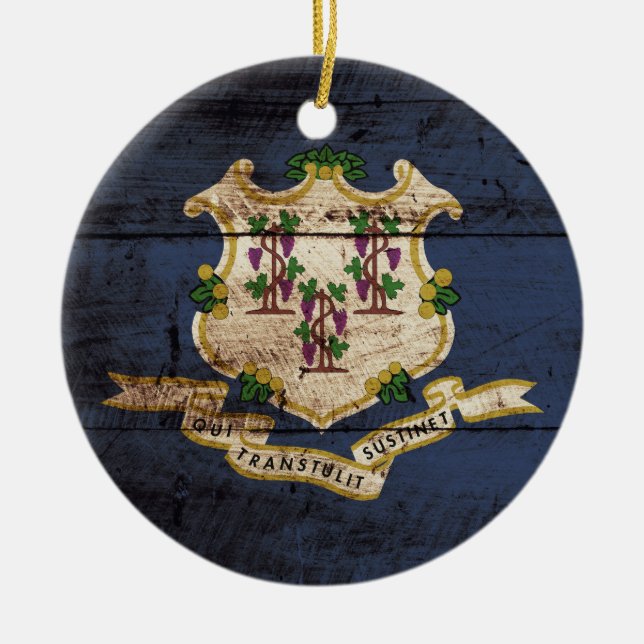 Connecticut State Flag on Old Wood Grain Ceramic Tree Decoration (Front)