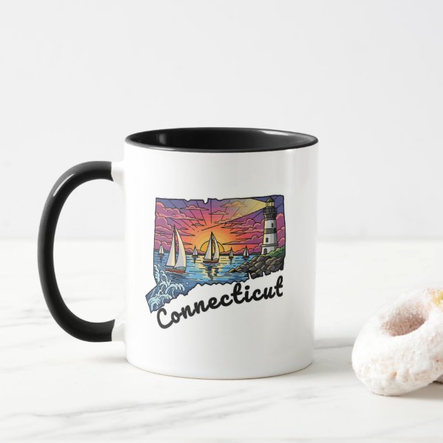 Connecticut State Tattoo Style Lighthouse Sunset Mug (With Donut)