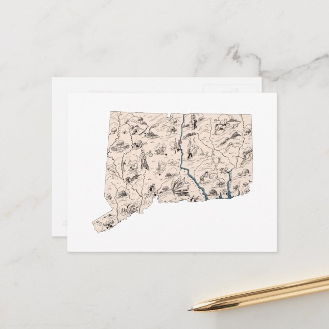 Connecticut Vintage Picture Map Antique Chart Postcard (Front/Back In Situ)