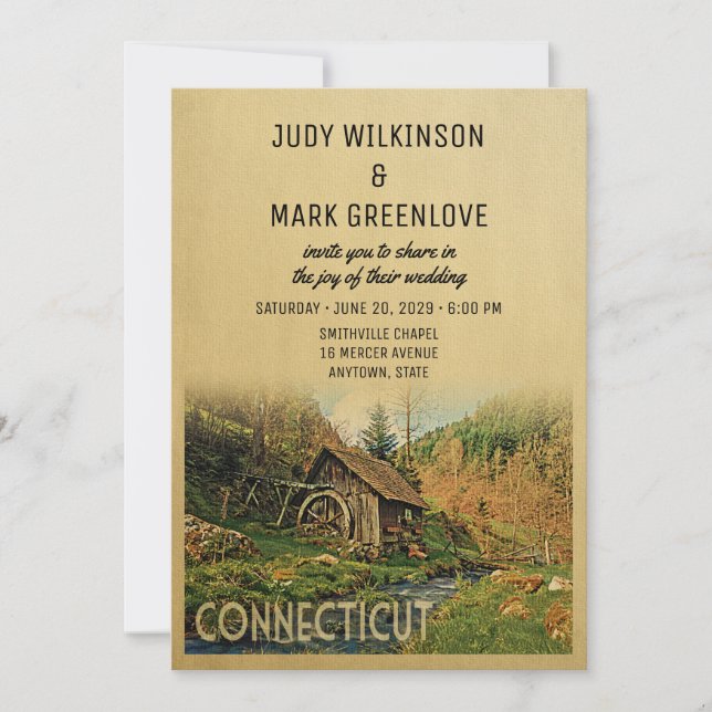 Connecticut Wedding Invitation Rustic Cabin Mill (Front)