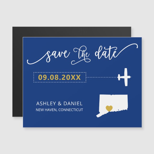 Connecticut Wedding Save the Date Card, Map Magnetic Invitation (Front/Back)