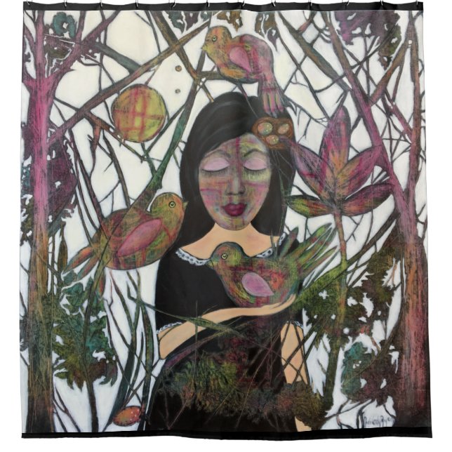 Connection Woman and Birds Whimsical Art Shower Curtain (Front)